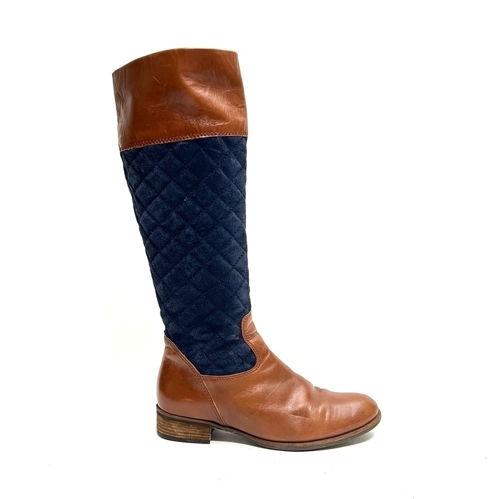 Vintage 1970s women’s brown leather navy quilted suede knee high riding boots